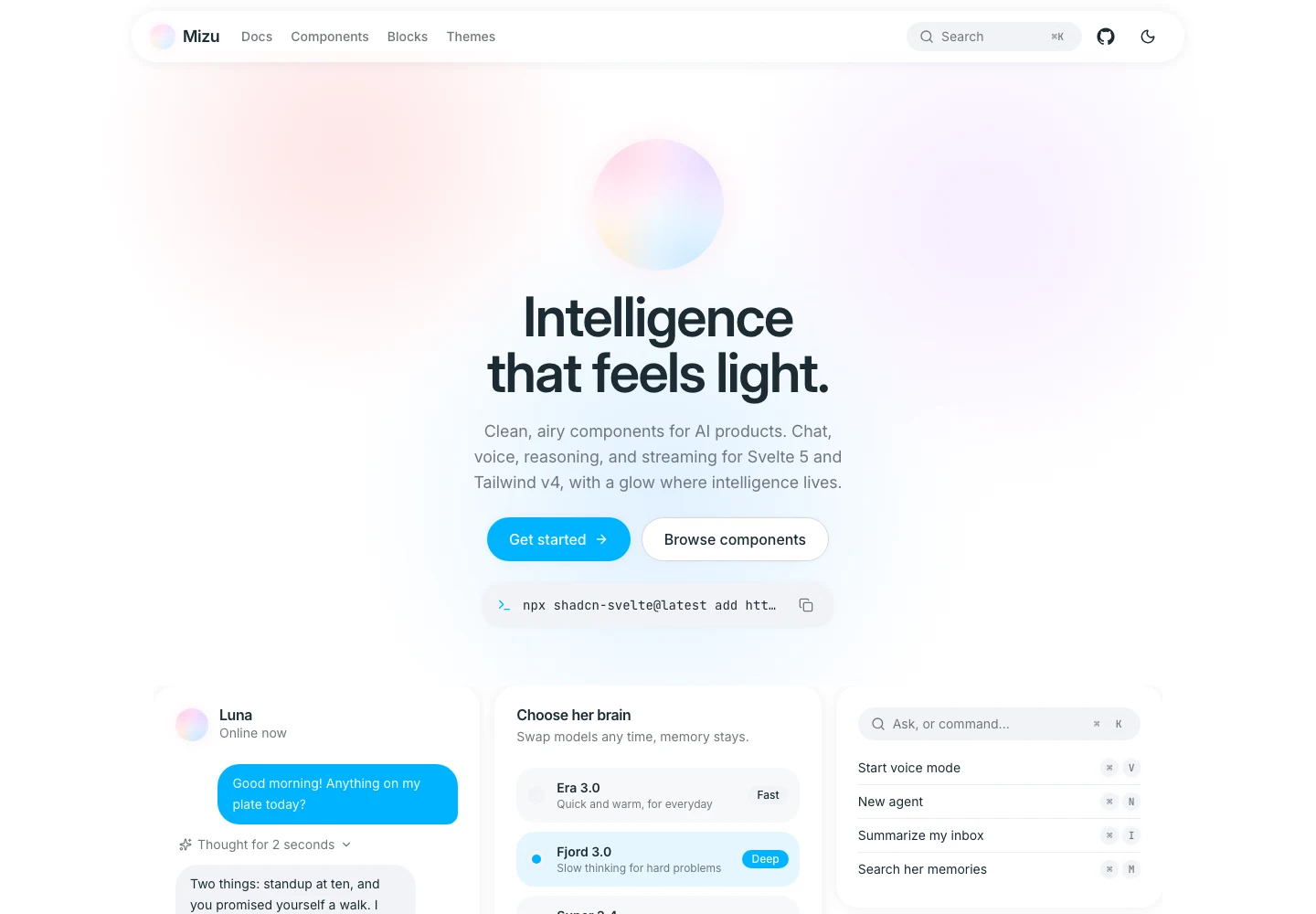 The live Mizu site introduces the system with the line Intelligence that feels light