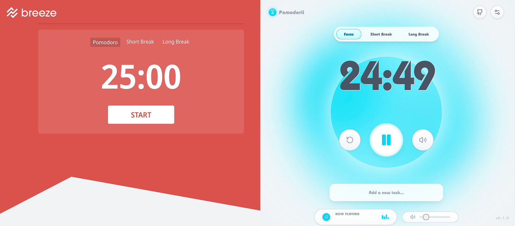 Side-by-side comparison - generic pomodoro timers vs Pomodorii's interface, showing the contrast in personality and warmth